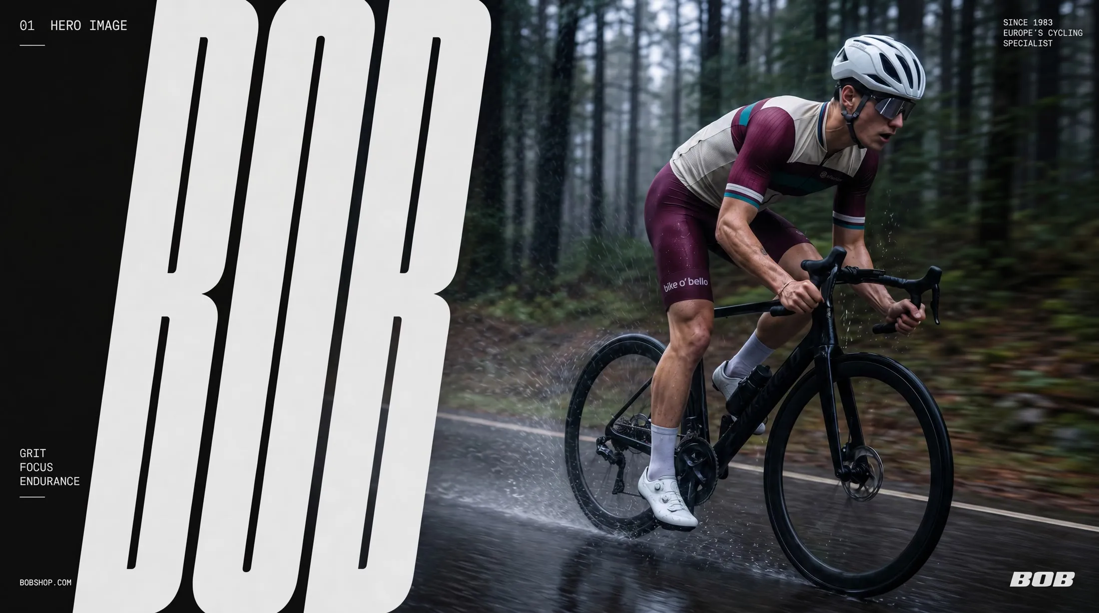 Ciclista bajo la lluvia en un bosque, con el maillot bike o'bello, sobre la marca BOB.
