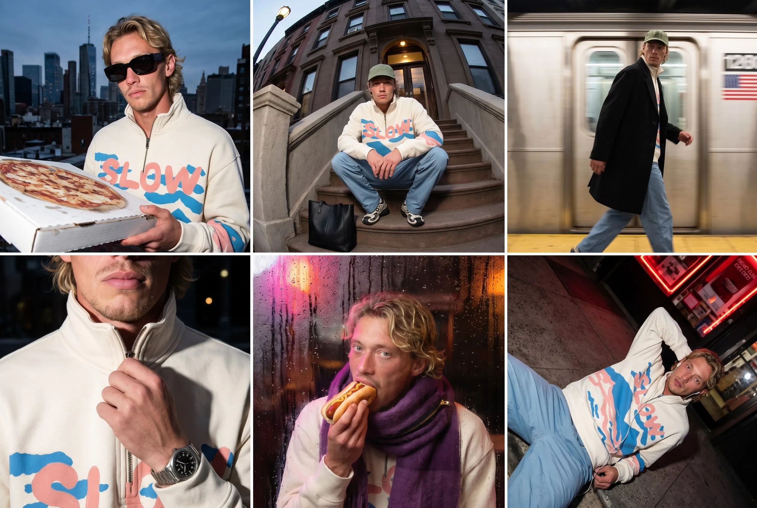 Campaña de ciudad: seis fotos con la misma sudadera, de día y de noche.