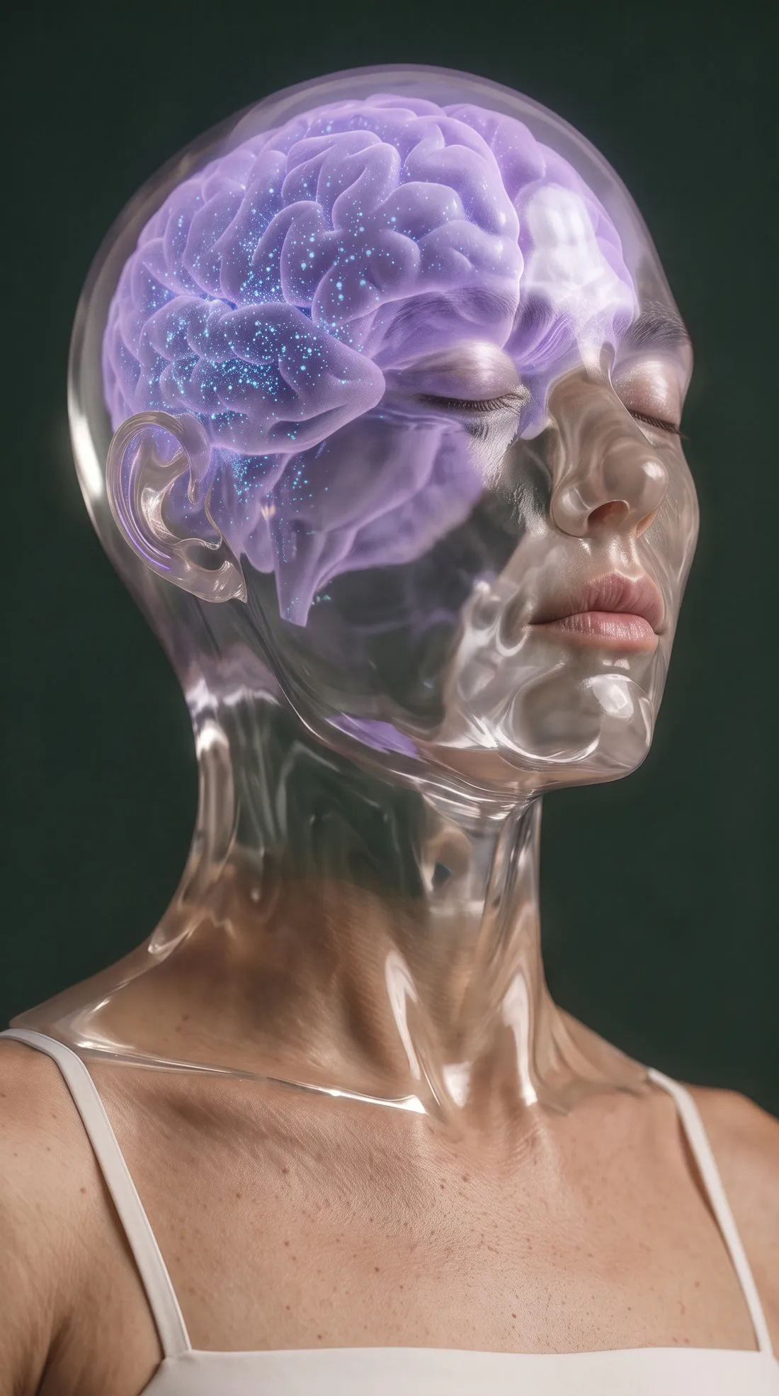 Cristal: una cabeza transparente, con el cerebro en violeta.