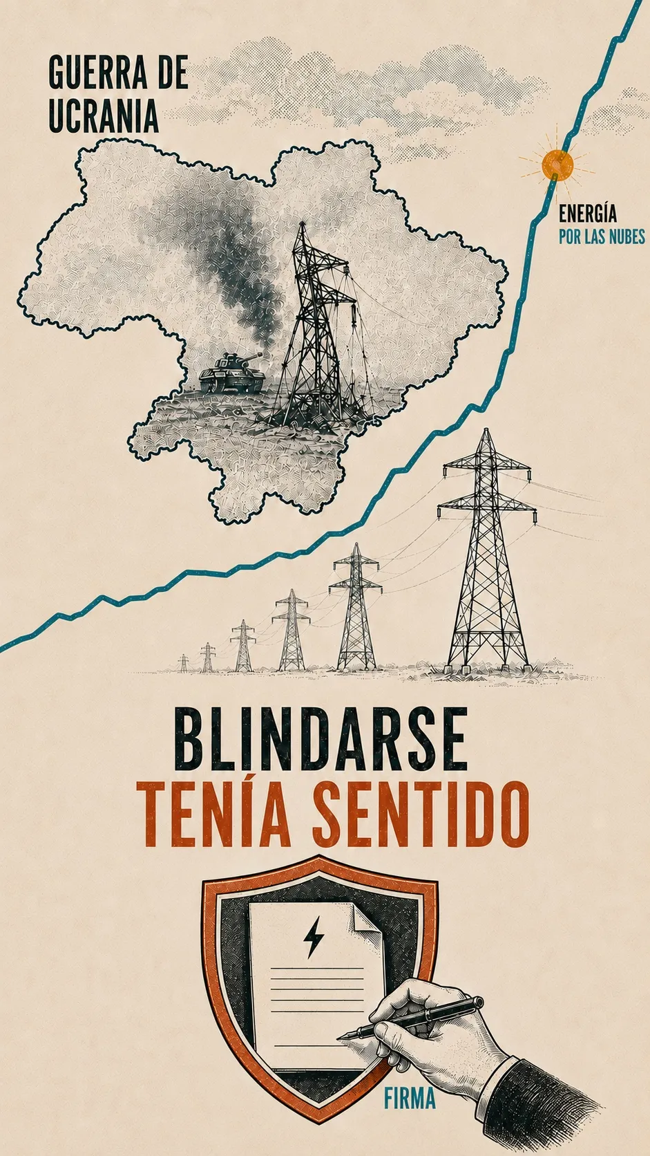 Fotograma: «Guerra de Ucrania. Blindarse tenía sentido», con un mapa y torres eléctricas.