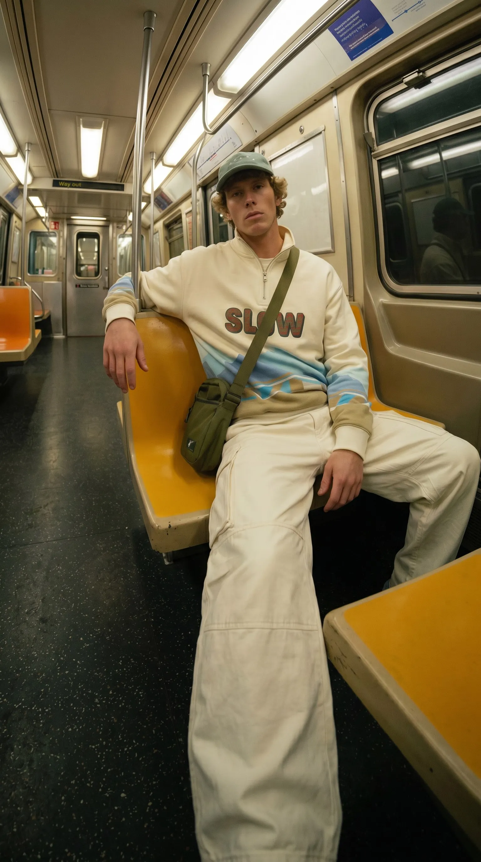 Sentado en un vagón de metro.