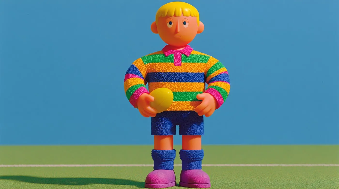 Niño de juguete con camiseta de rayas y balón de rugby.